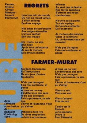 1142 - MYLENE FARMER - FICHE CHANSON REGRETS JEAN LOUIS MURAT - OK! - 09.09.1991