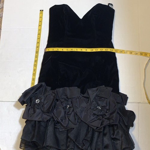 80s Tadashi Black Dress Cocktail Party Prom LBD Strapless Velvet Vintage - Picture 10 of 15