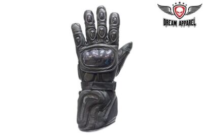 Padded Wrist & Gauntlet Black Full Finger Leather Motorcycle Riding Gloves