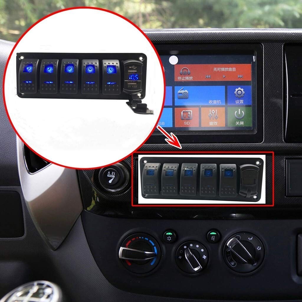 6 Button Rocker Switch Cluster 6 Gang Toggle Rocker Switch Panel Dual USB for Car Boat Marine RV Truck ...