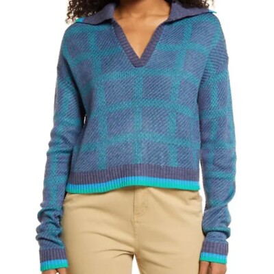 Nordstrom BP Relaxed Polo Blue Teal Green Plaid Pullover Sweater XL Acrylic