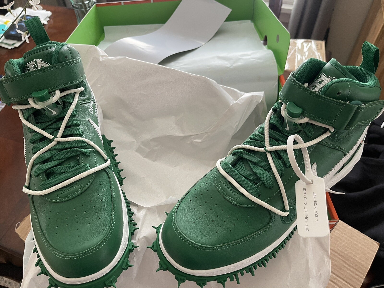 OFF WHITE X NIKE Nuovissima taglia 11 5 Nike Off bianche x Air Force 1 SP pelle verde pino medio FANTASTICA!