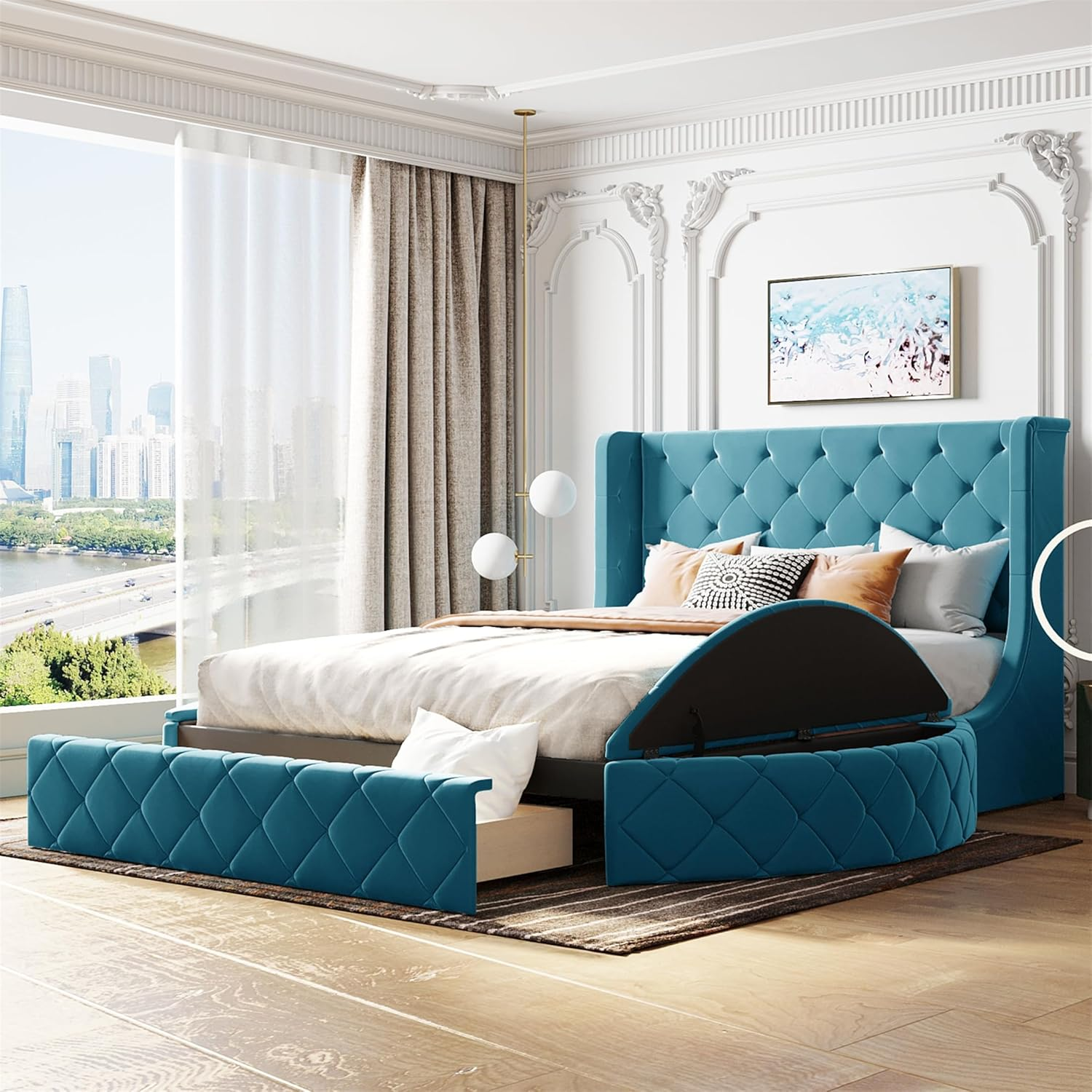 Upholstered round Bed Frame with Side Storage, Footrest Storage and Button Tufti