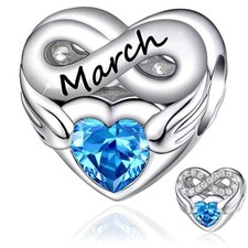 March Infinity Birthstone Month Heart Charm For Bracelets S925 Sterling Silver