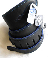 UK MADE BLACK/BLUE DELUXE PADDED LEATHER ACOUSTIC, ELECTRIC OR BASS GUITAR STRAP