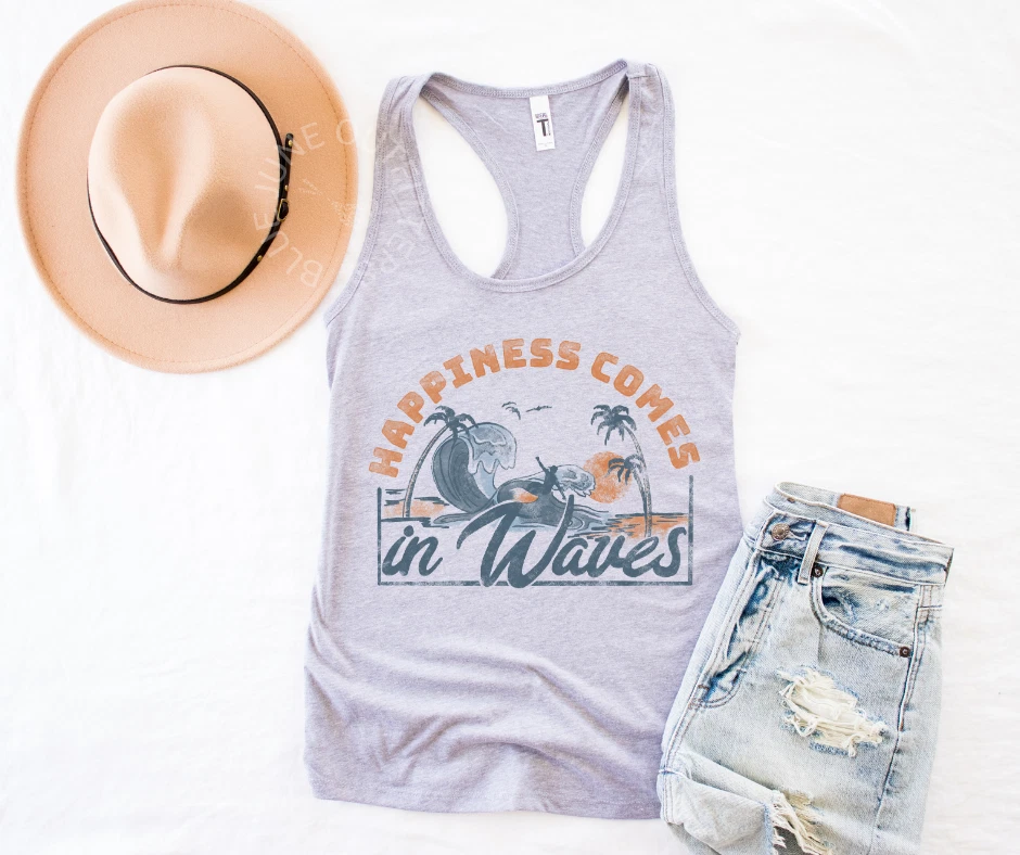 HAPPINESS COMES IN WAVE | CAMISETA SIN MANGAS RETRO PLAYA ESPALDA DEPORTIVA PARA MUJER | TROPICAL Foto 3 de 4