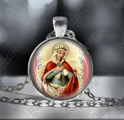 St Elizabeth Hungary Catholic Religious Necklace Silvertone Medal Round Pendant