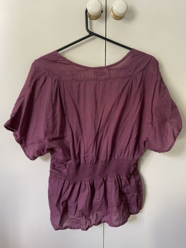 Topshop Cotton Blouse Top Size 12 Plum Purple Ruched Pleated Short Sleeve - Picture 8 of 8