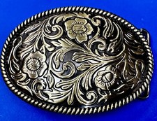 Vintage Western Flower Swirl Design Gold  Black Color Floral Belt Buckle