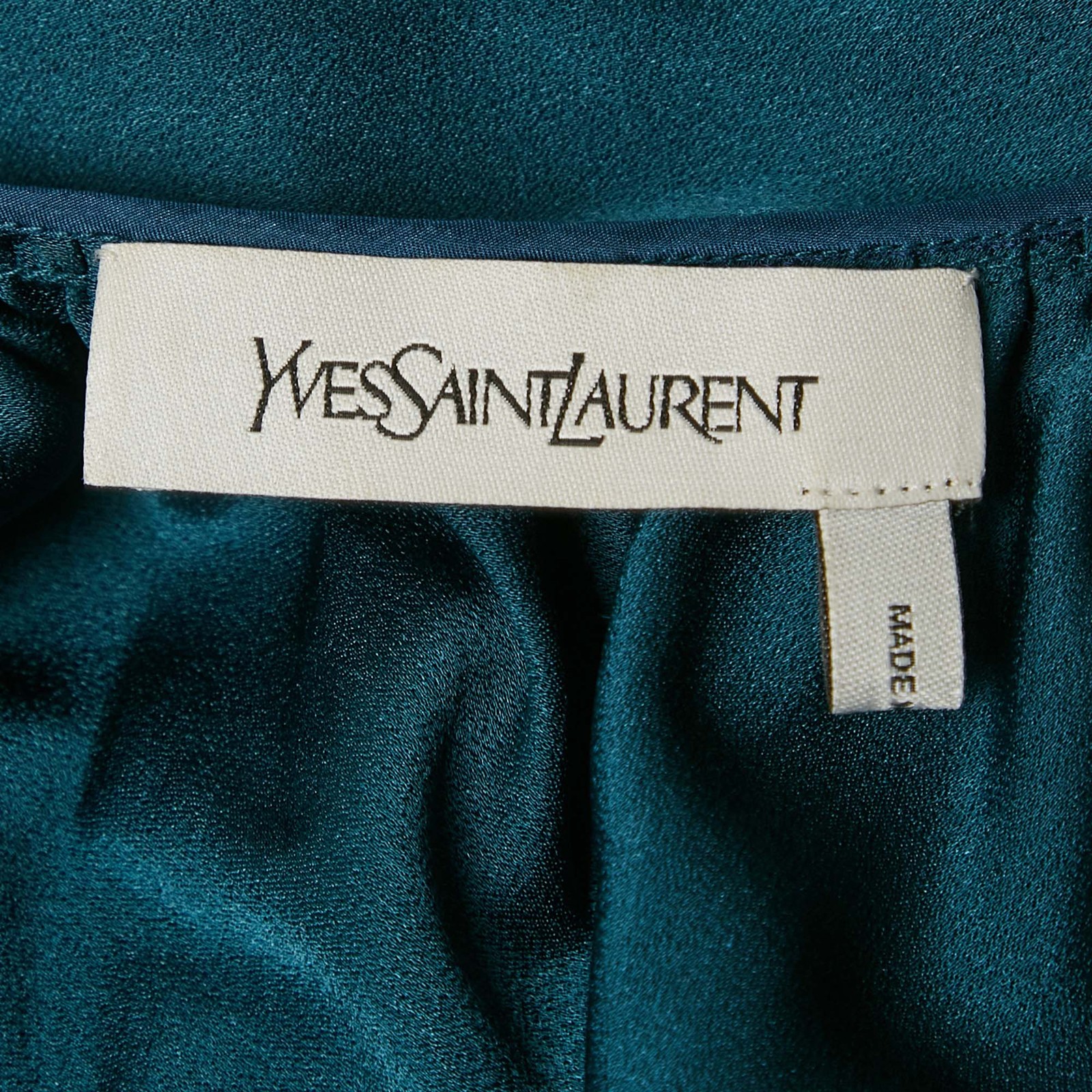 Mini abito Saint Laurent Paris blu in crepe con dettagli sul collo allacciato L