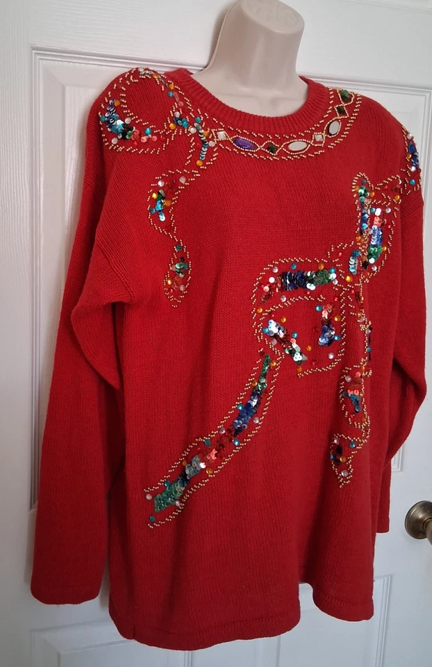Suéter De Colección Victoria Harbour Joyas Rojas Lentejuelas Cuentas Cinta Talla M Feo Navidad Foto 3 de 4
