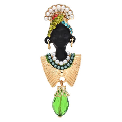African Goddess Tribal Queen Brooch Pin  Crystal Rhinestone Vintage Jewelry Gift