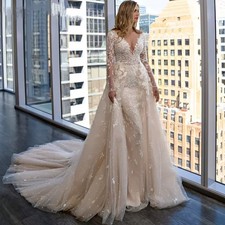 Elegant Sleeve V-neck Mermaid Wedding Dress Sweep Train Bridal Dress Customized