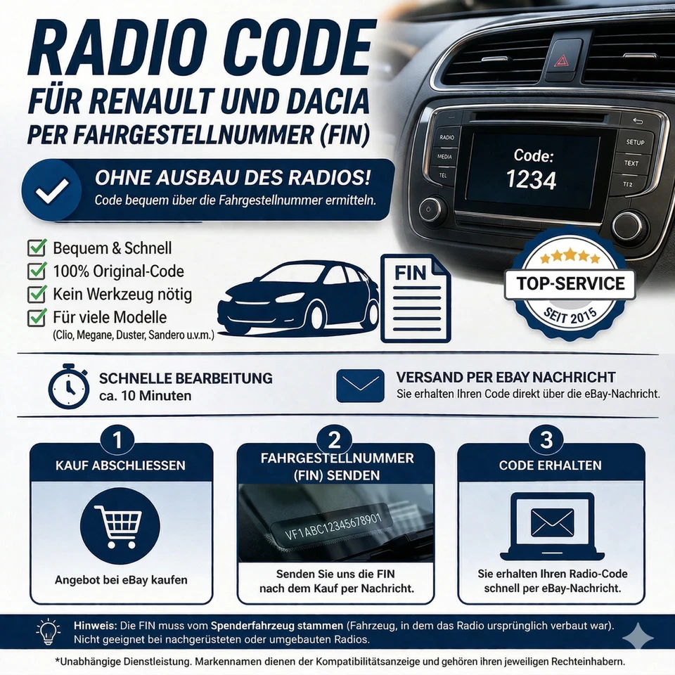 Code Radio Renault & Dacia Par Numéro VIN Essieu FIN Pour Clio Megane Duster - Photo 1/1