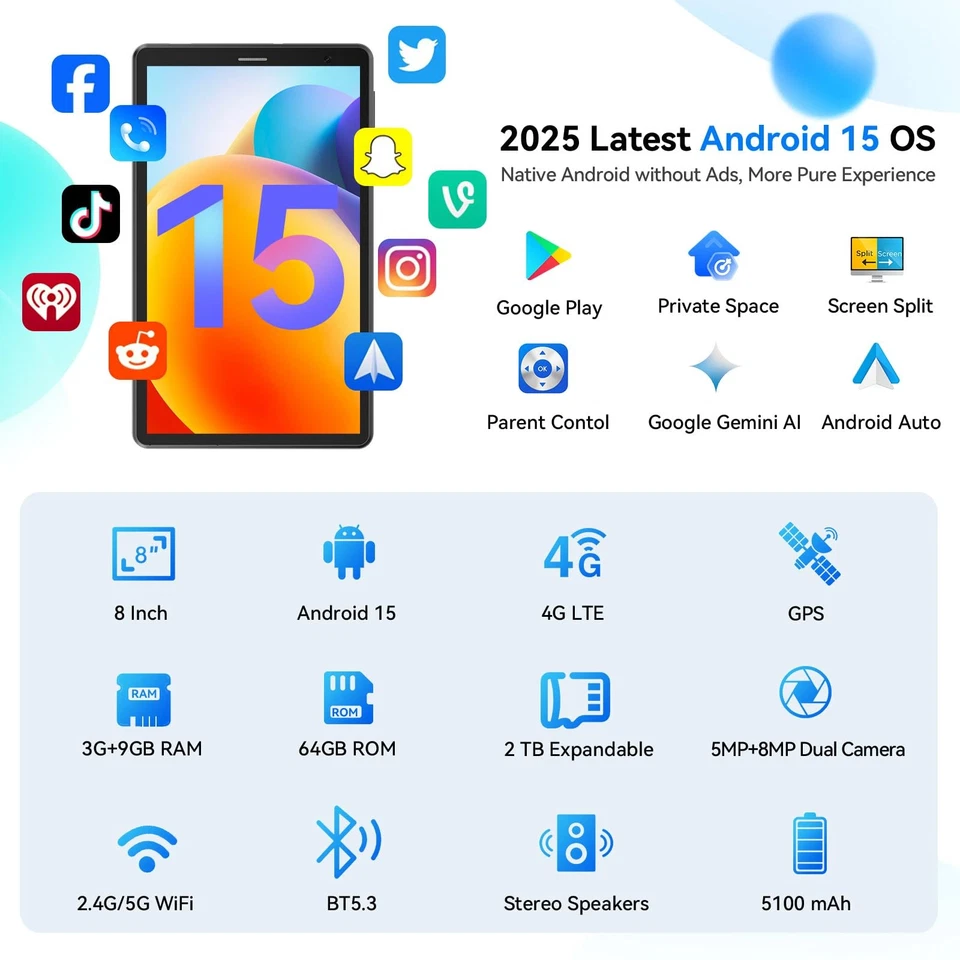 8 Inch Android 15 Tablet with Sim Card Slot Uncloked Cellular Tablet Phone wi... - Image 4 of 4