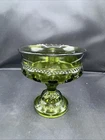 Indiana Glass Kings Crown Thumbprint Pedestal Compote Candy Dish Green Vintage.