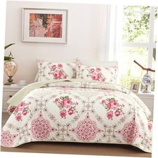 Quilt Set Boho Patchwork Bedspread Floral Coverlet Queen Pink Big Floral