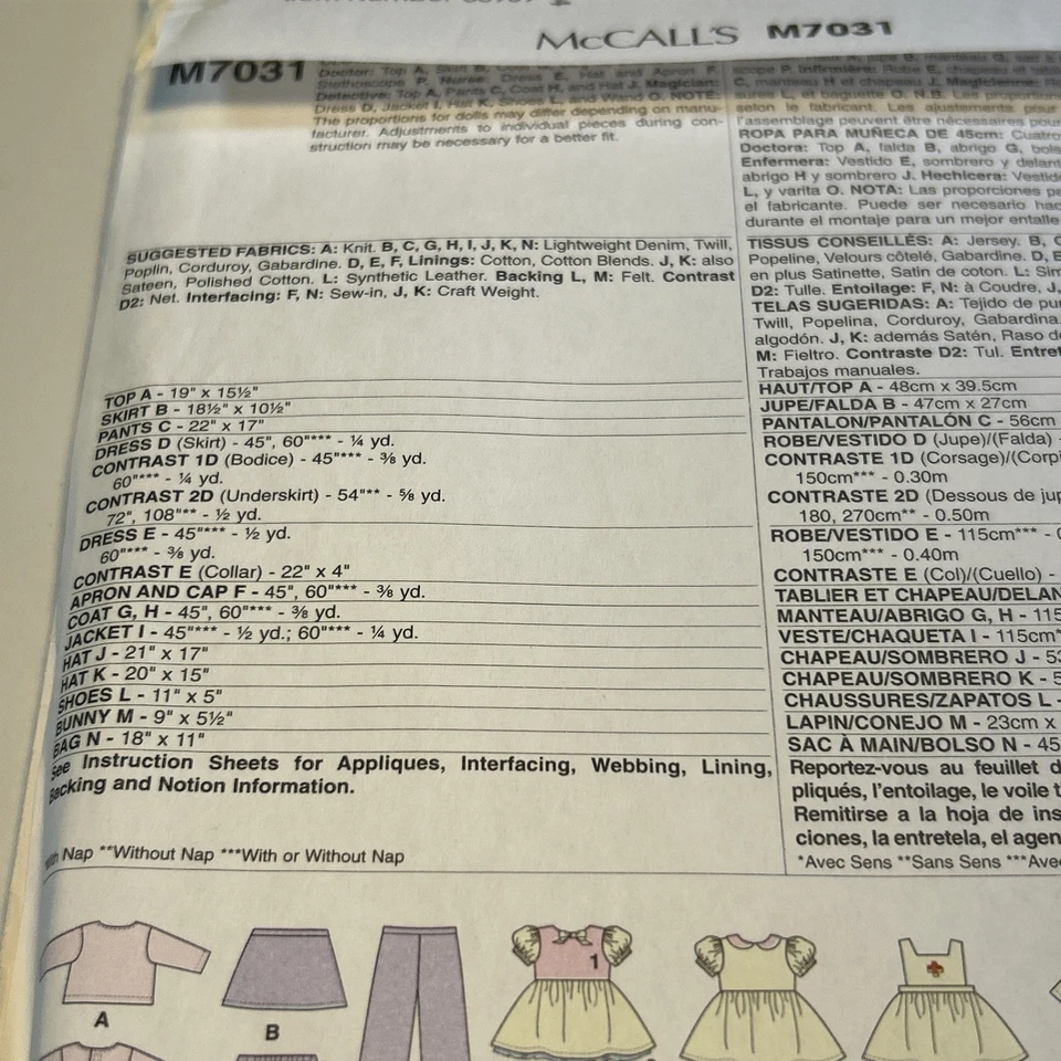 McCall's M7031 18" Doll Costume Pattern Magician Nurse Doctor Detective Uncut - Image 3 of 4