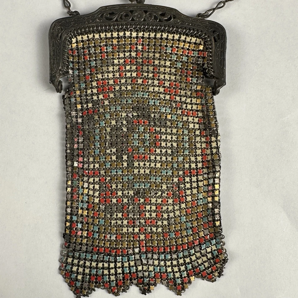 Antique Art Deco Whiting&Davis Metal Mesh Painted Kiss Lock Flapper Girl Purse - Image 4 of 4