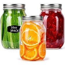 Glass Mason Jars, 3 Pack 16oz Clear Glass Regular Mouth Canning Jars with Lid...