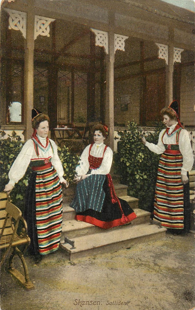 Postcard Swedish Women In Traditional Dress Skansen Solliden