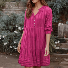 J. Jill Vibrant Pink Tiered Button-Front Knee-Length 3/4 Sleeve Dress sz XS