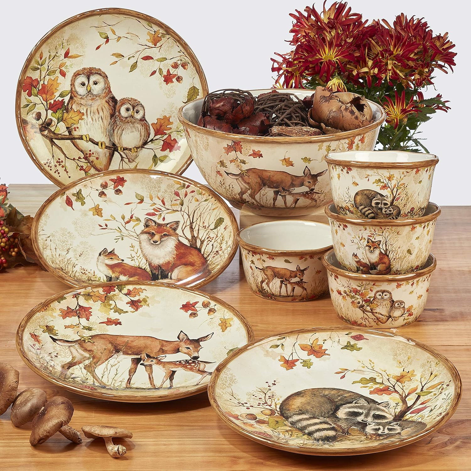Rustic Pine Forest 16-Piece Dinnerware Set for 4 with Platter, Brown