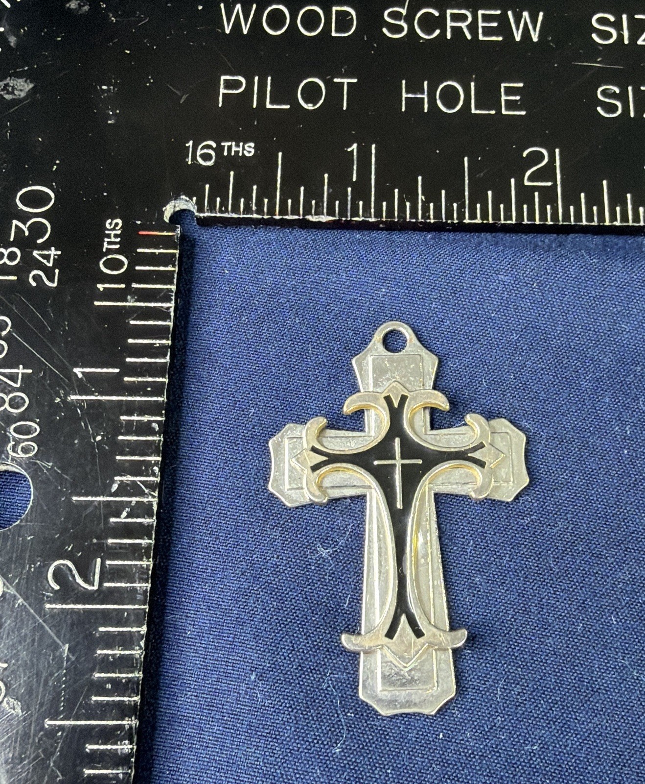 Metal Cross Pendant Black Silver Tone Inlay Religious Necklace Charm