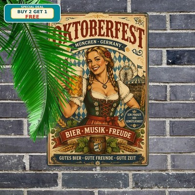 Oktoberfest Bavarian Beer Maiden Tavern Serving Slogan Metal Tin Sign 8x12