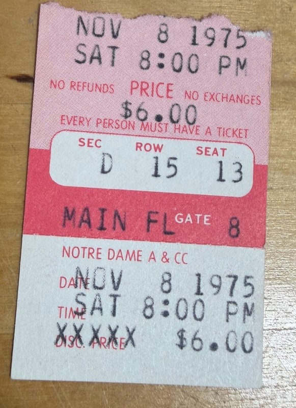 1975 Crosby Stills & Nash Notre Dame Concert Ticket Stub South Bend Indiana RUDY