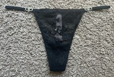 NWT Victoria s Secret Dream Angels Black Lace V String Panty Rhinestone Bows L