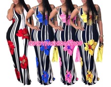 Women Floral Printed Bodycon Striped  Sleeveless Party Beach Boho Maxi Dress #P2