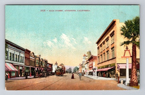 Riverside CA-California, Main Street, Business District, Tram, Vintage Postcard