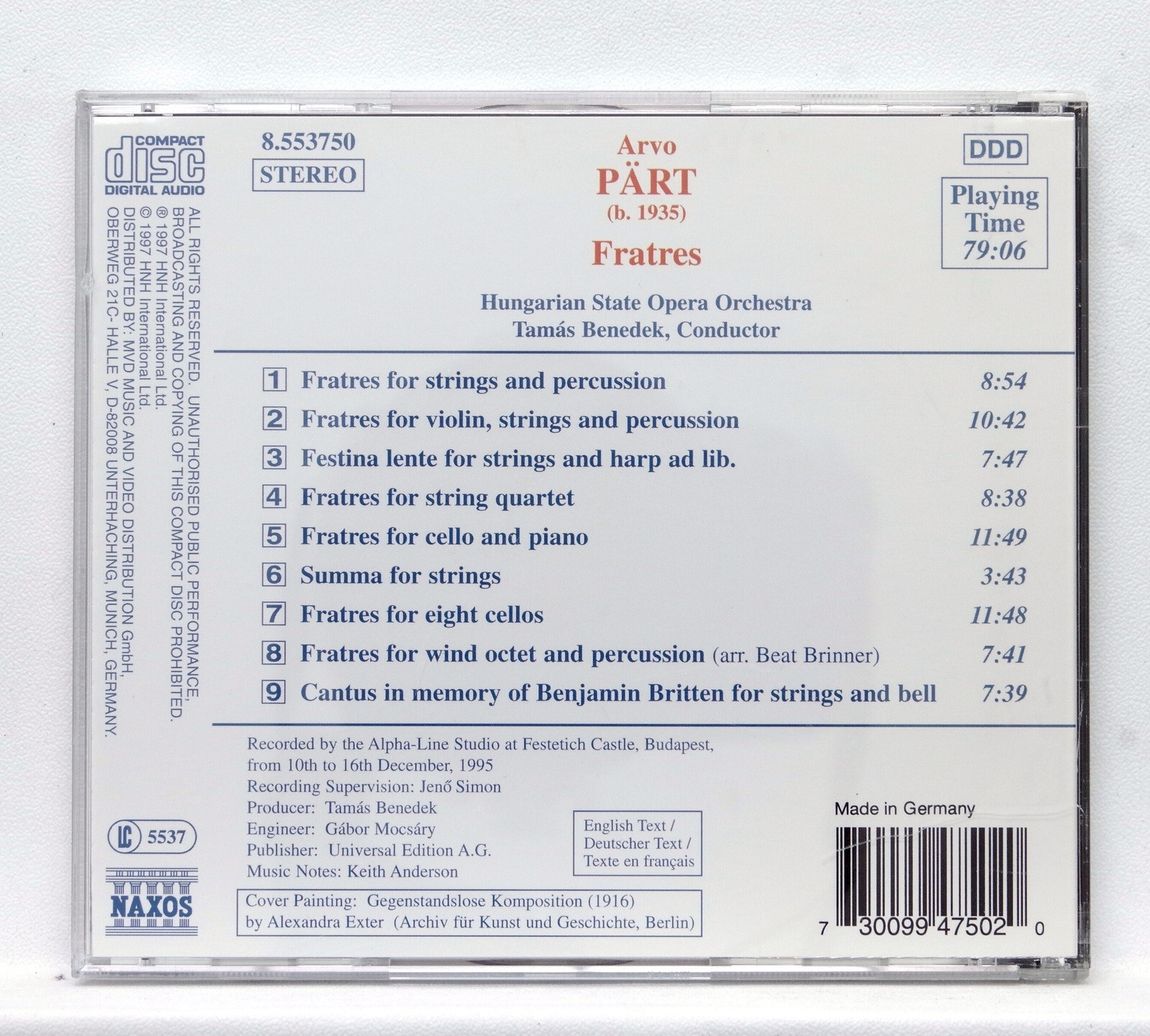 TAMAS BENEDEK ⸺ ARVO PART fratres, festina lente, summa ⸺ NAXOS CD NM