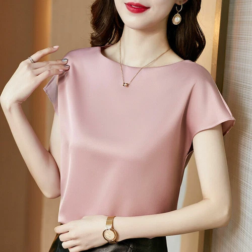 Damen Seidenhemd kurzärmelig T-Shirt Maulbeere Seide lockeres Oberteil Pullover Bluse - Bild 16 von 27
