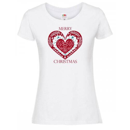 Womens Scandinavian Love Heart Merry Xmas Festive White Lady White T-Shirt - Picture 1 of 8