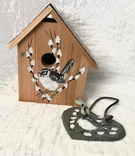 Handpainted Handcrafted Folk Art Chickadee Bird  Birdhouse Copper Roof & Heart