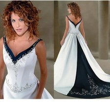 V Neck Satin Wedding Dresses Embroidery Backless A-Line Bridal Gowns Sweep Train