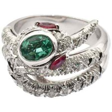 935 Real Silver Snake Ring With A Oval Emerald, Two Marquise Rubies and White CZ