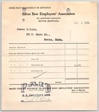 Silver Bow Employers' Association 1925 "Leys" Butte, MT  Dues Billhead - Receipt