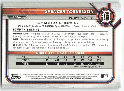 2022 Bowman #BCP-6 Spencer Torkelson BASEBALL Detroit Tigers - Picture 2 of 2