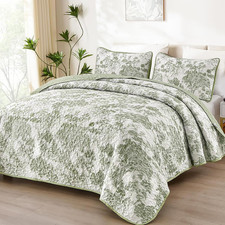 Sage Green Quilt Set Queen Size, Botanical Floral Bedspresd  3 Pieces Reversibl