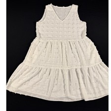 White Swiss Dot Sleeveless V-Neck Tiered Babydoll Mini Dress Size M Boho Summer