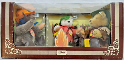 Vtg Steiff Campfire Teddy Bear Diorama Display Set w/ Original Box ~20'' Germany