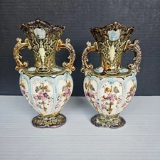Majolica Two-Handled Vase Pair 8.5" Floral Motif Gold Paint Ornate Pedestal Base