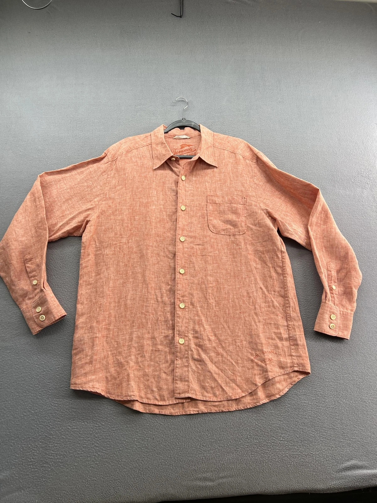 Tommy Bahama Shirt Mens Large Orange Linen Relax Button Up Long Sleeve Pocket