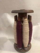 Vintage Wooden Sewing Loom Spindle Bobbins w/ Thread & 8 Wooden Spools Holder