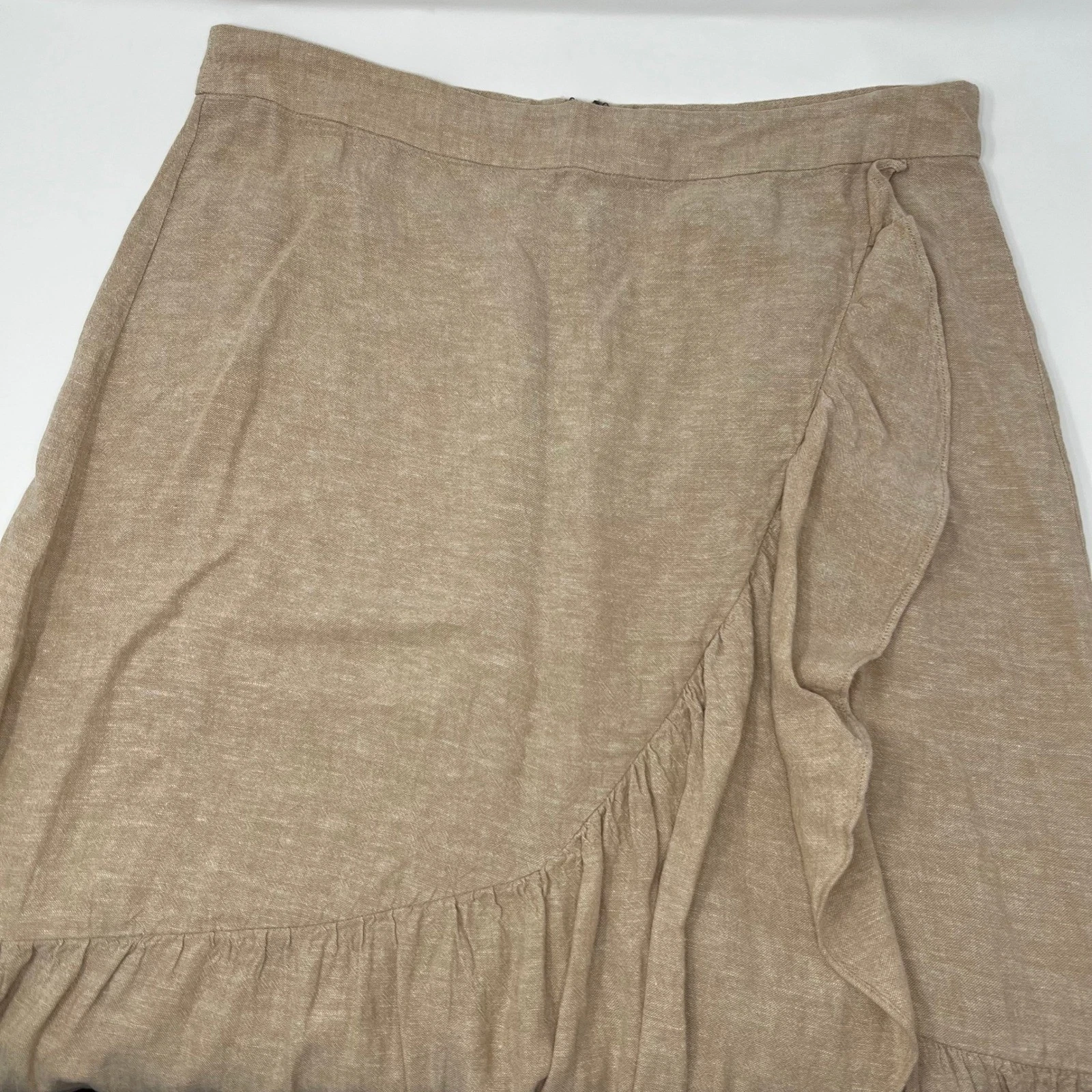 Madewell Linen Blend Ruffle Faux Wrap Midi Skirt Tan Beige Size 12