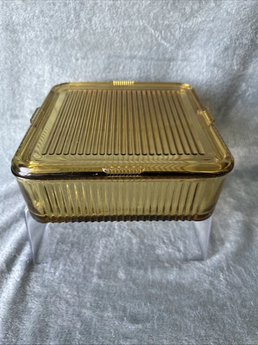Federal Glass Amber Golden Yellow 8.5” Square Refrigerator Dish with Lid Ribbed