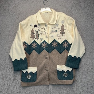 Teddy Christmas Cardigan Sweater Womens XL Winter Snowflakes Snow Reindeer VTG